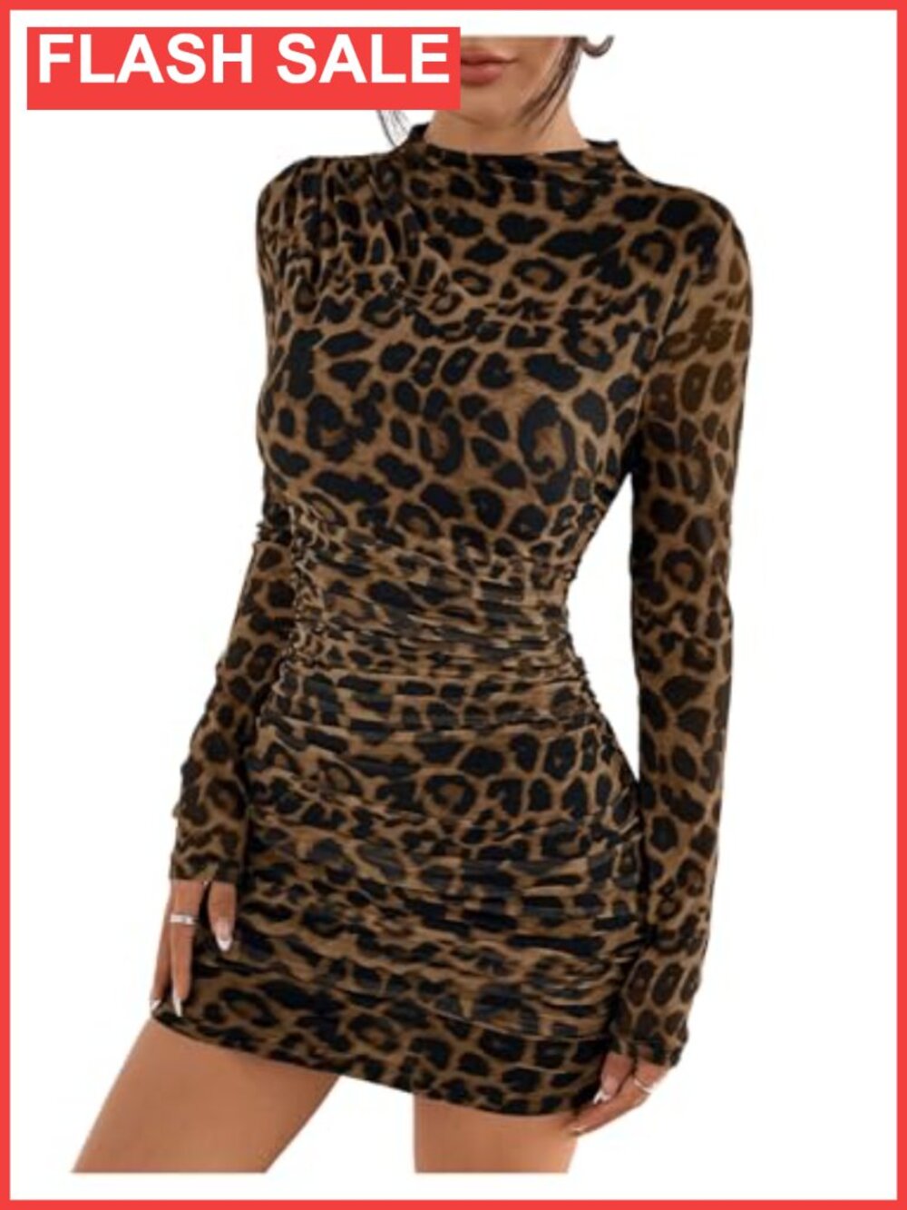 Leopard Print Ruched Bodycon Mini Dress Mock Neck Mesh Long Sleeve